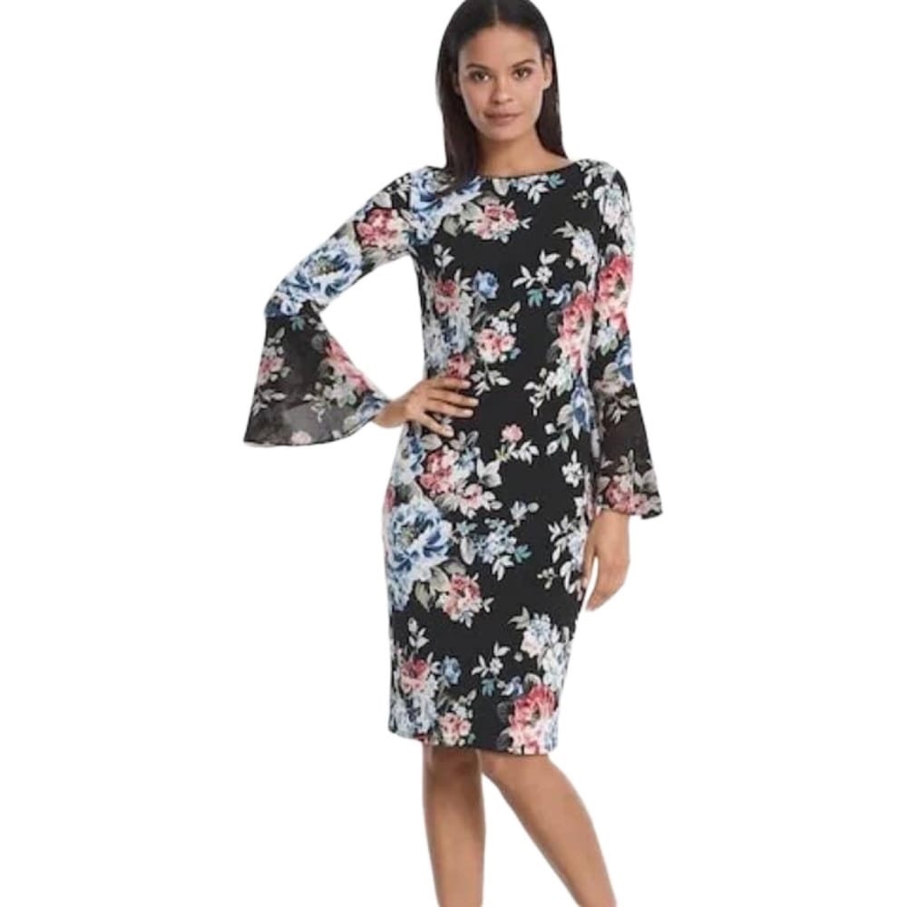 WHBM Floral print Black SHEATH DRESS Large P Long  bell sleeve Poly V-back